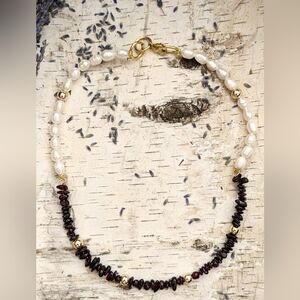 Natural Garnet Chip Beads & Freshwater Pearl Necklace